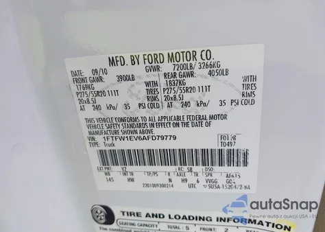 2010 Ford F-150 Lariat z USA, uszkodzony, nr VIN 1FTFW1EV6AFD79779